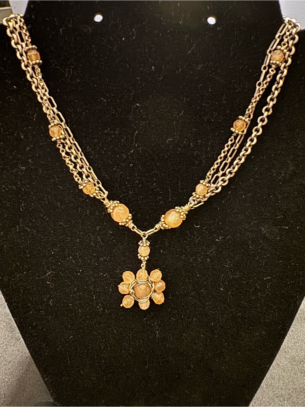 Vintage Lori Gincig Sterling Silver Rose Quartz Floral Pendant Layered Necklace